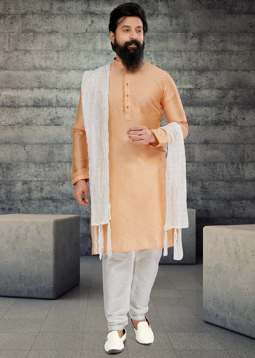 Cream Woven Kurta Pajama In Jacquard, 36-1.webp